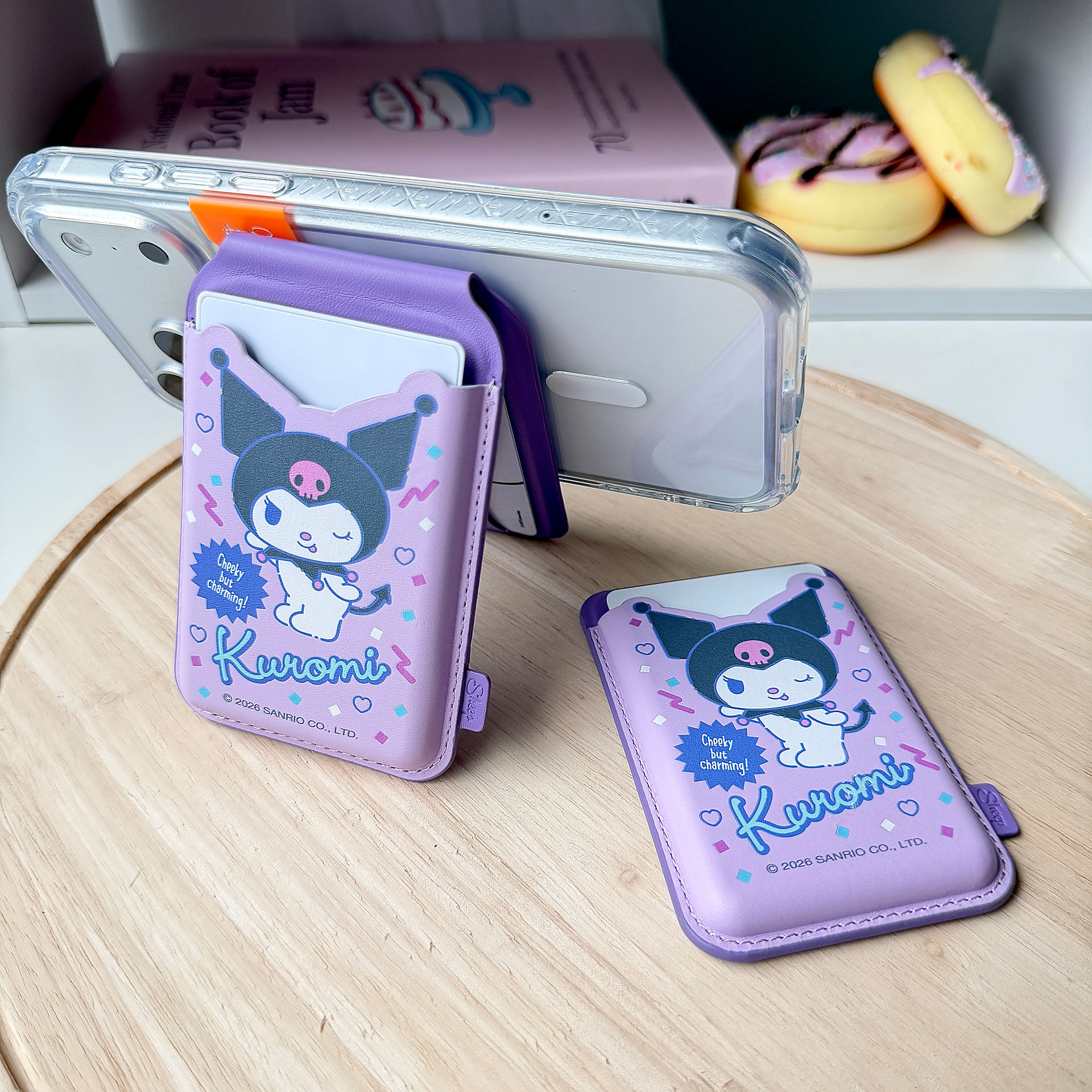 ใช้คู่เคส sanrio phone case kuromi ซานริโอ้ คุโรมิ ของแท้ โทรศัพท์ มือถือ ลิขสิทธิ์แท้ สีม่วง baku บาคุ phone accessories sheep phone wallet stand ที่ใส่บัตรแปะมือถือ พับ-กางตั้งได้ เคสใส่บัตร card holder ลายน่ารัก