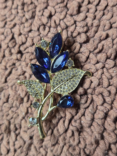 Broche Vintage Cristaux Bleu Saphir Boréalis Couleur Or - Occasion, Modèle *3517, Bijou Fantaisie
