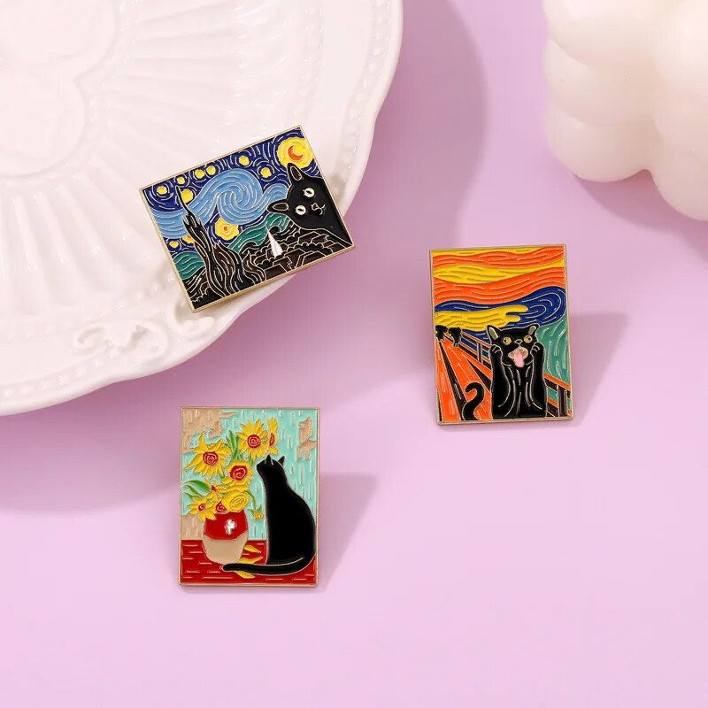 Miniature : ot de 3 pin’s en émail représentant des chats noirs dans un style peinture à l’huile, printemps et chat, pour les artistes