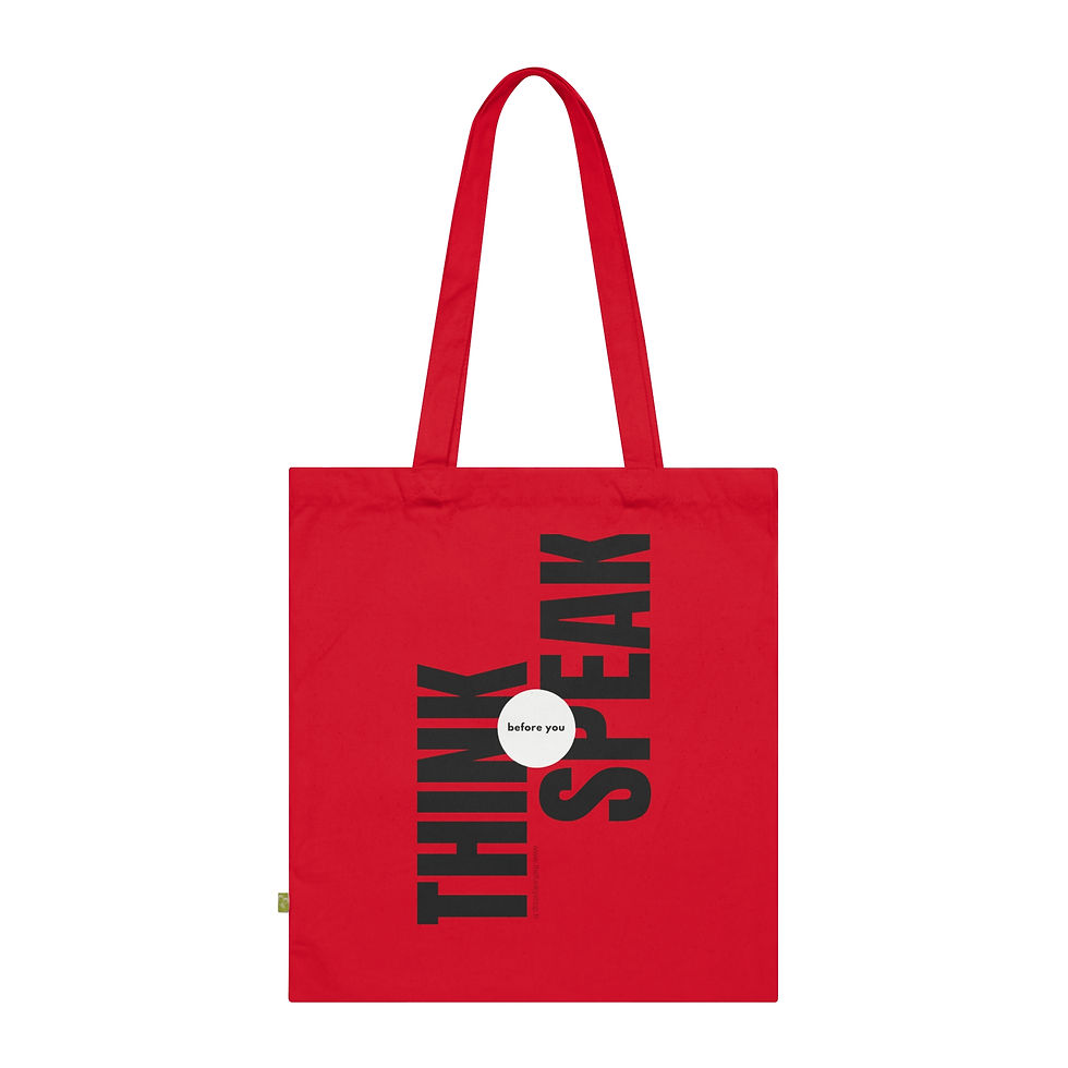 Tote bag en coton bio, imprimé avec la citation "Think Before You Speak", de couleur naturelle, rouge