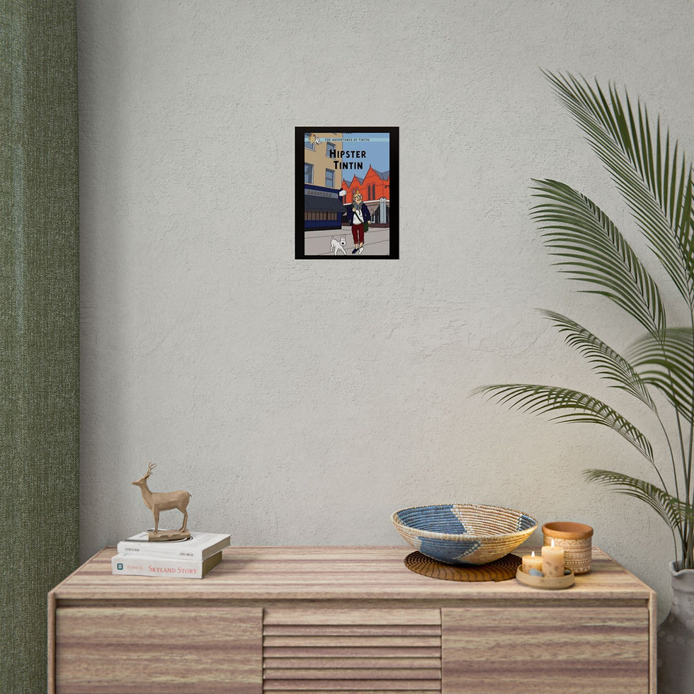 Affiche inspirée des couvertures de Tintin avec un design hipster coloré, imprimée sur papier mat ou semi-brillant.