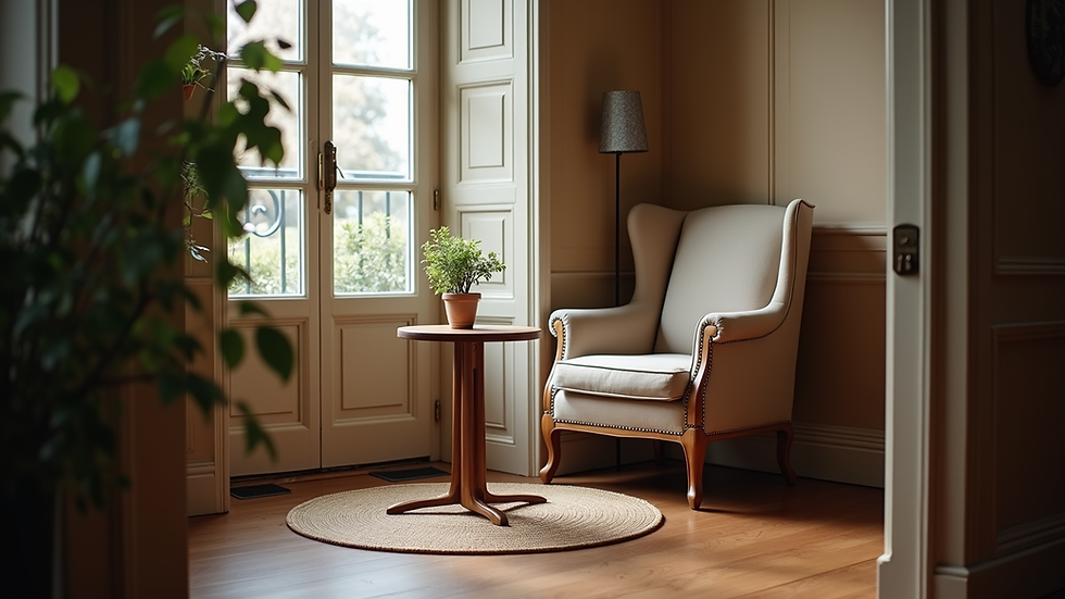 Eye-level view of a cozy coffee corner with a single chair and a small table