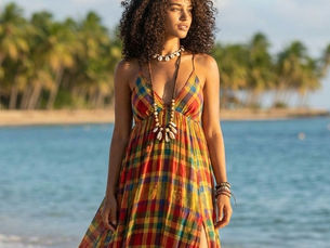 Femme portant une robe en tissu madras coloré traditionnel de Guadeloupe au bord de la mer