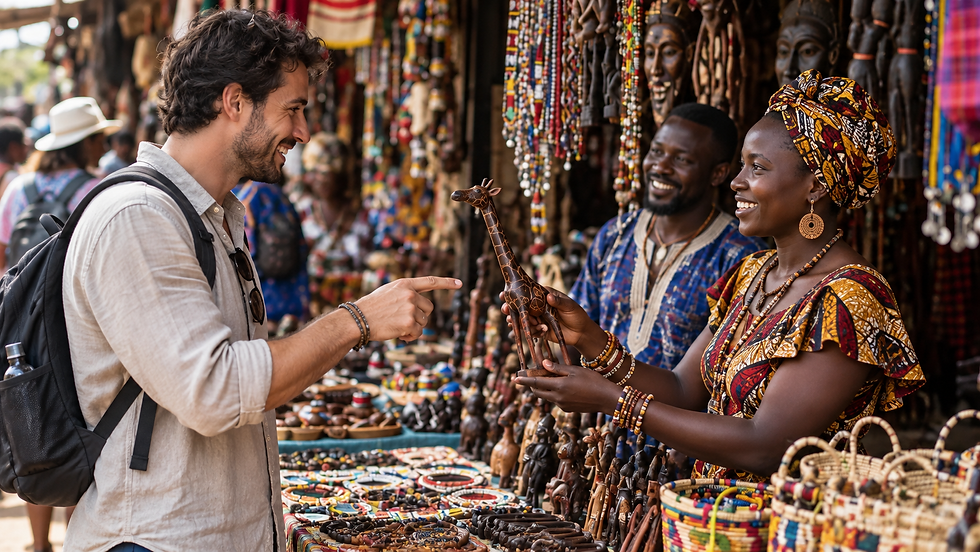 rencontre entre un touriste et un artisan sur un marché en Afrique