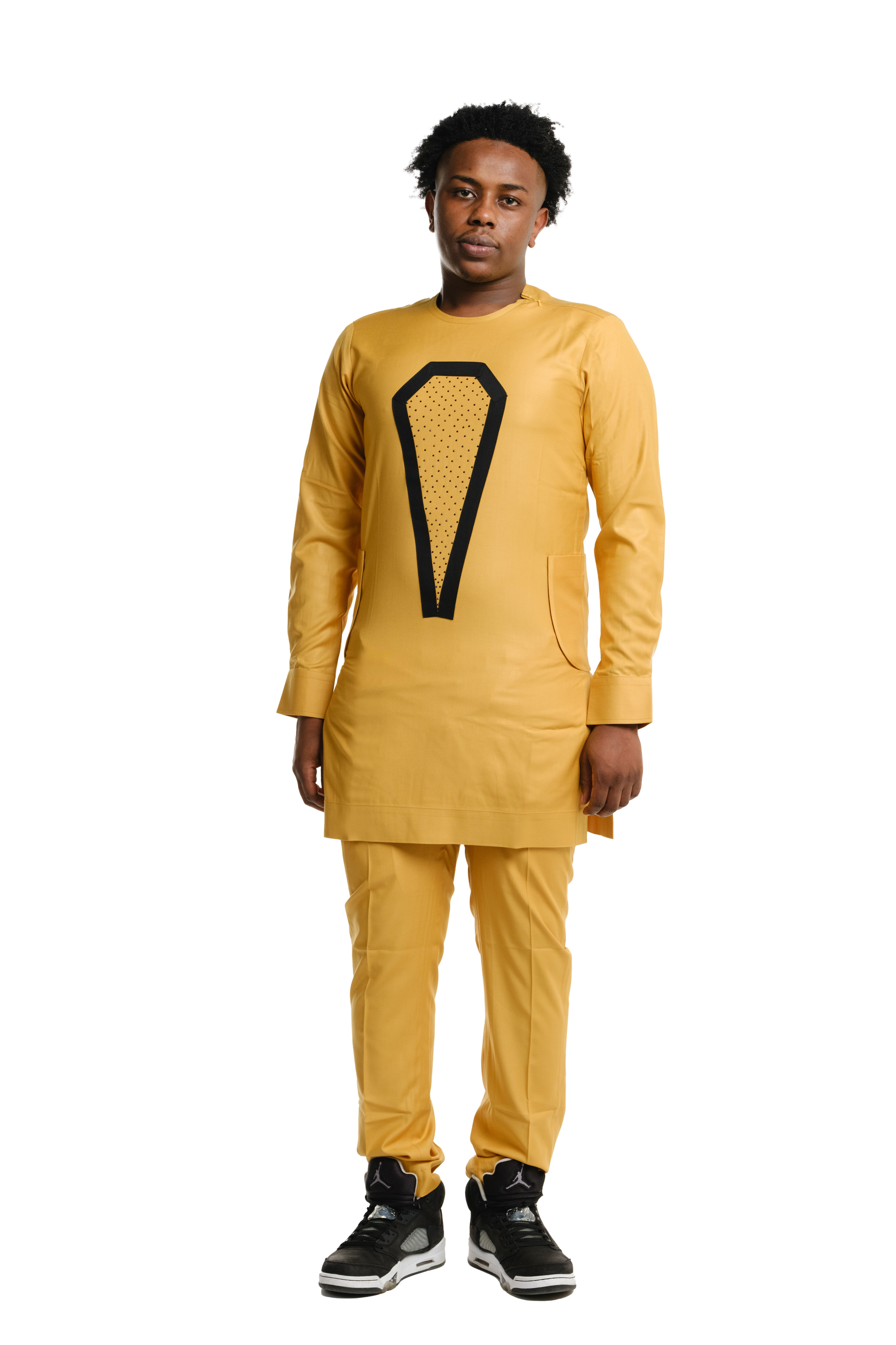 Men's African-senator co-ord set in gold front view