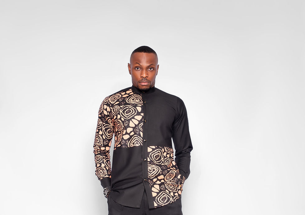 Men's African shirt in beige and black front view