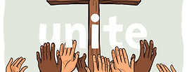 contain the word 'unite' with many hands coming together to reach a cross.jpg