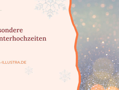 Winterliche Titelseite mit Schneeflocken, glitzerndem Hintergrund und Text: Besondere Winterhochzeiten, INHA-ILLUSTRA.DE