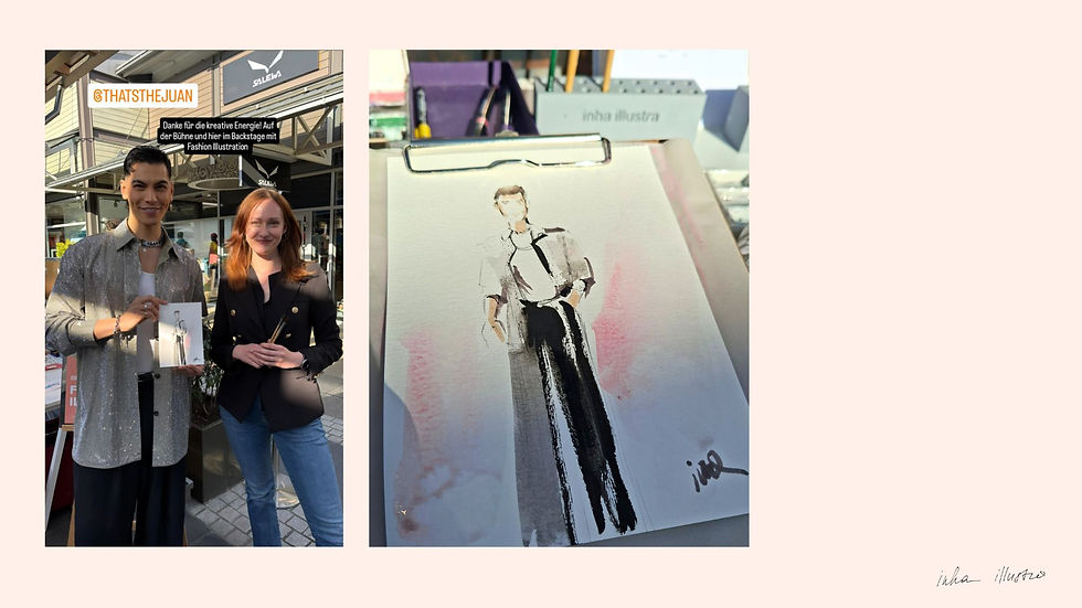 Zwei Personen posieren mit einer Fashion-Illustration; im Hintergrund ein Geschäft mit Salewa-Logo. Der Text "@THATSTHEJUAN" ist sichtbar.