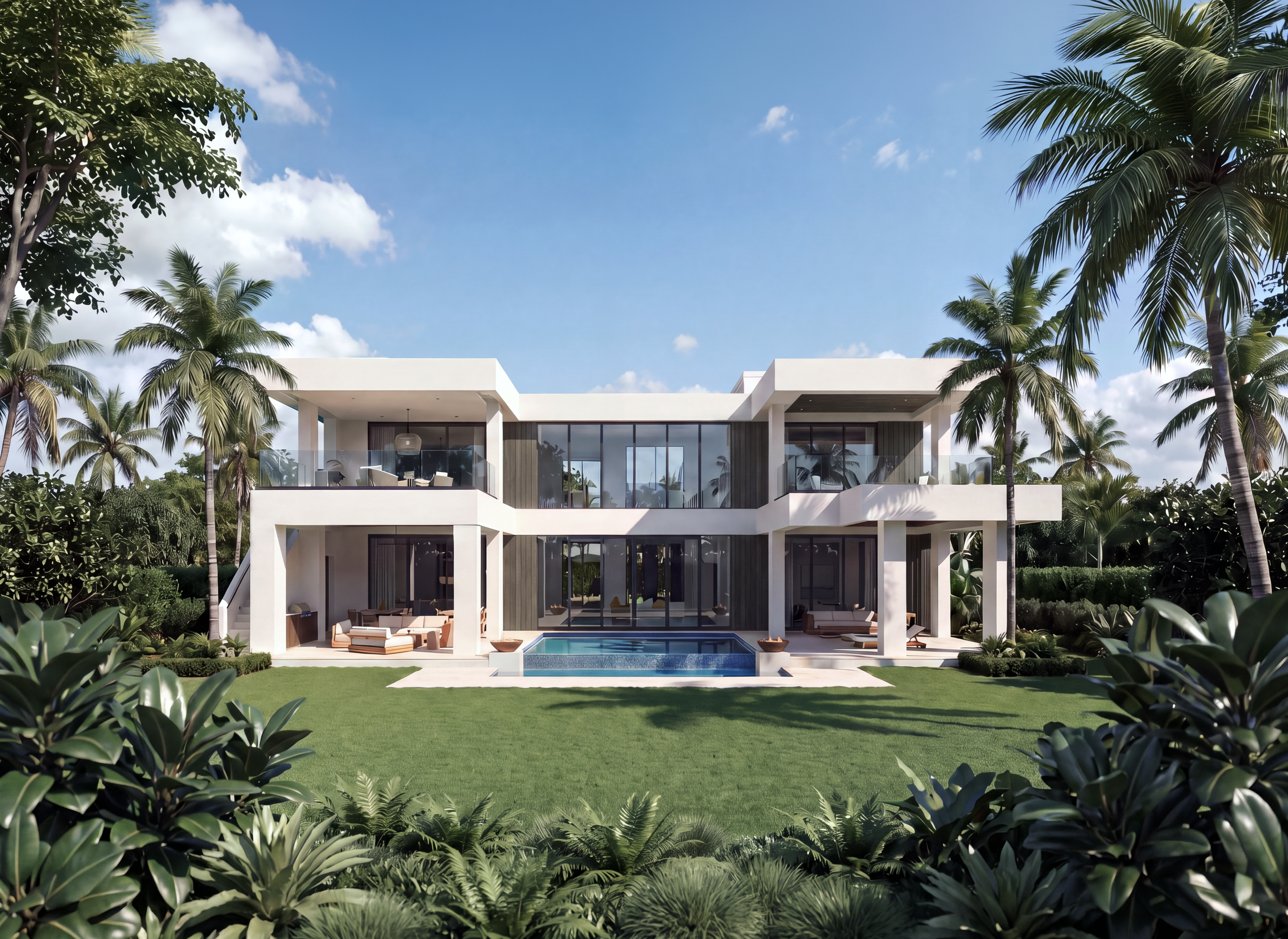 Rear elevation of Estate I by Workshop/APD, a modern white stucco estate home with pool at The Wellington in Wellington, FL