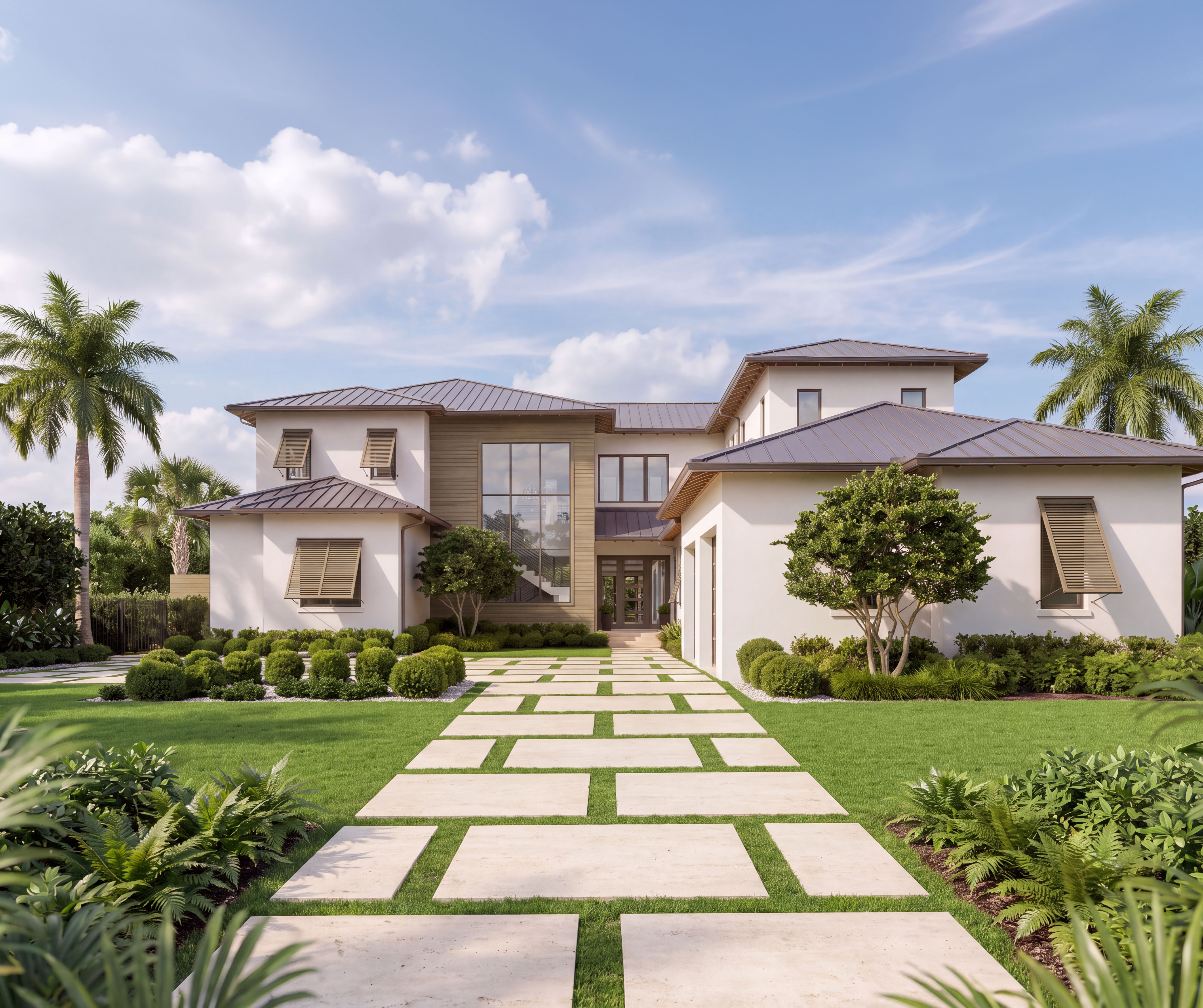 Modern two-story estate residence with large windows, beige walls, a metal roof, and manicured landscaping