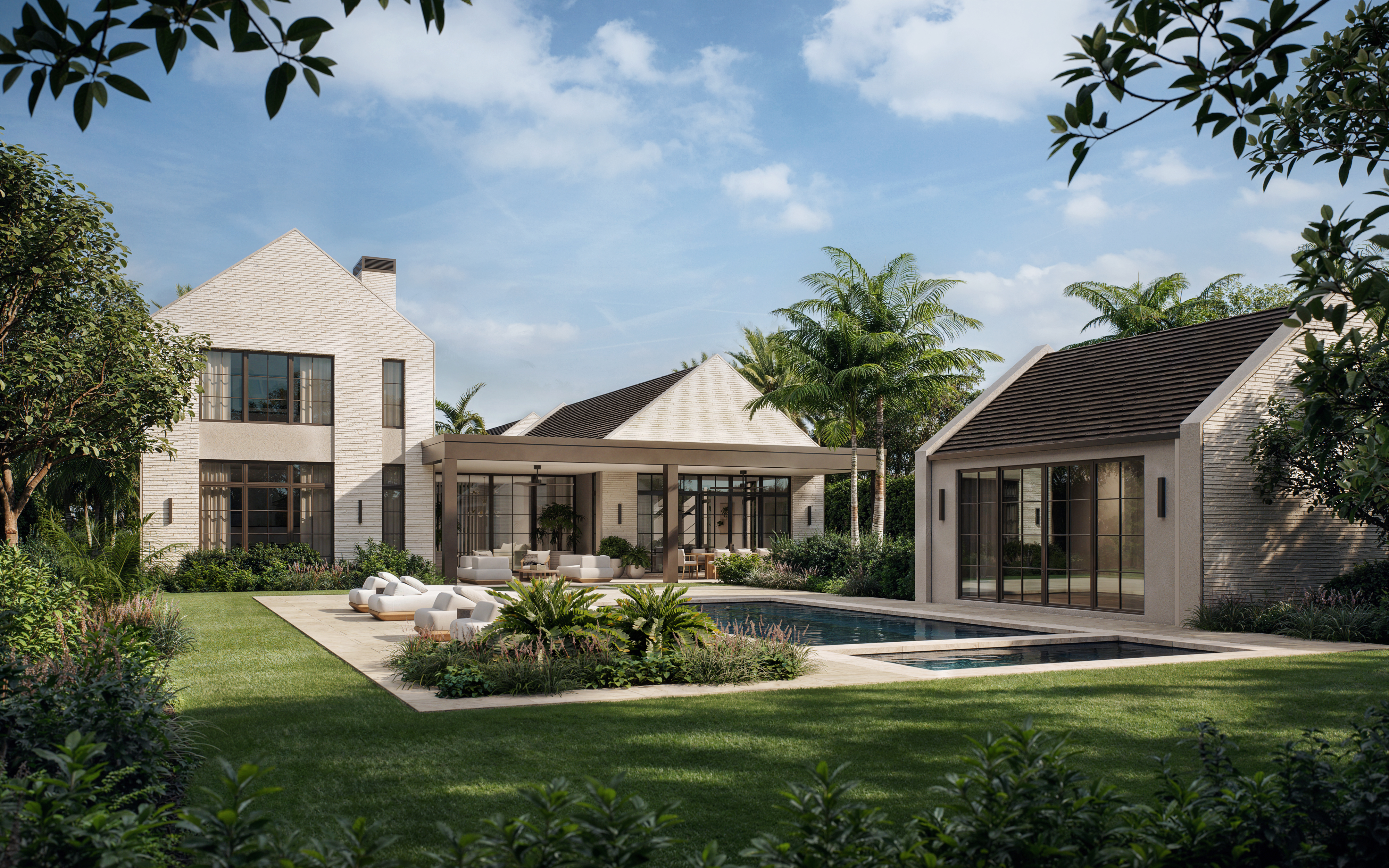 Modern house with large windows, a pool, outdoor lounge area, and lush landscaping.