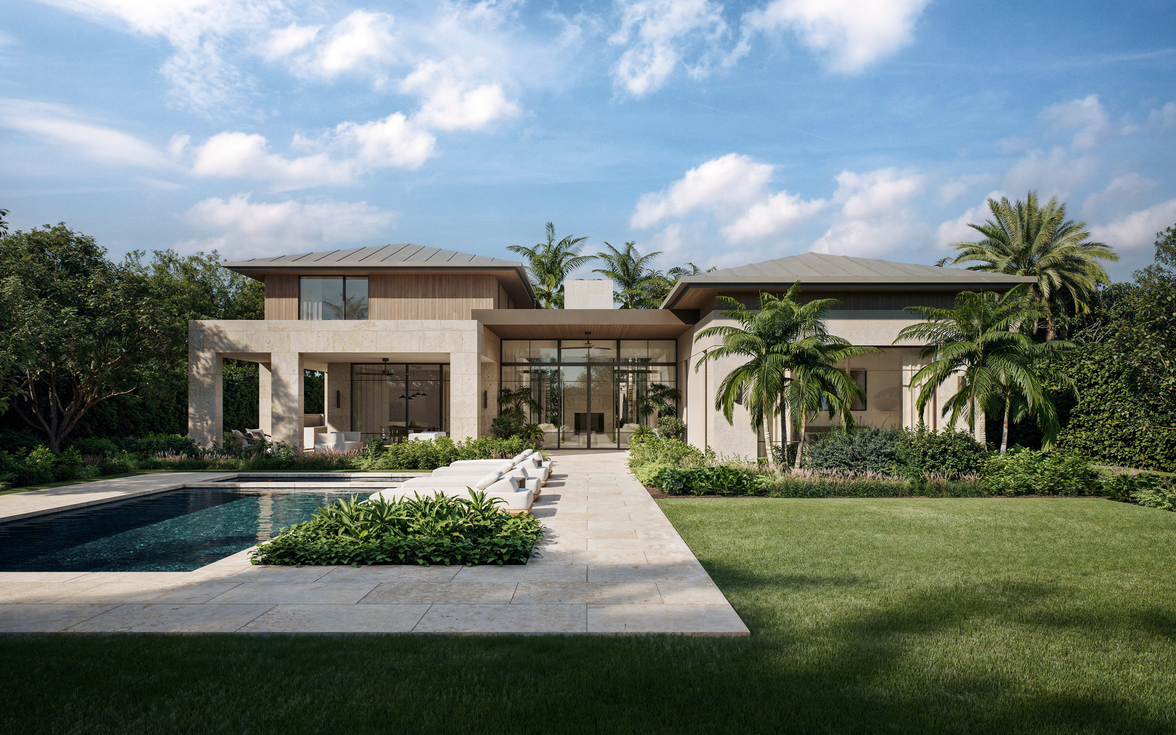 Modern house with large windows and flat roofs, surrounded by lush greenery and palm trees in prestigious Wellington Florida.