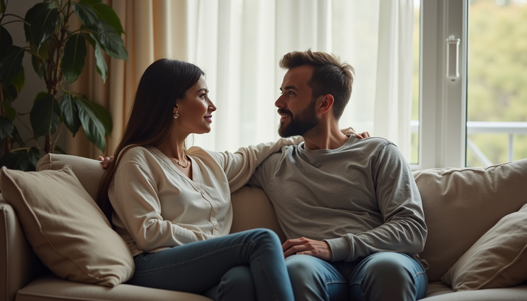 Eye-level view of a cozy living room with a couple sitting on a couch talking