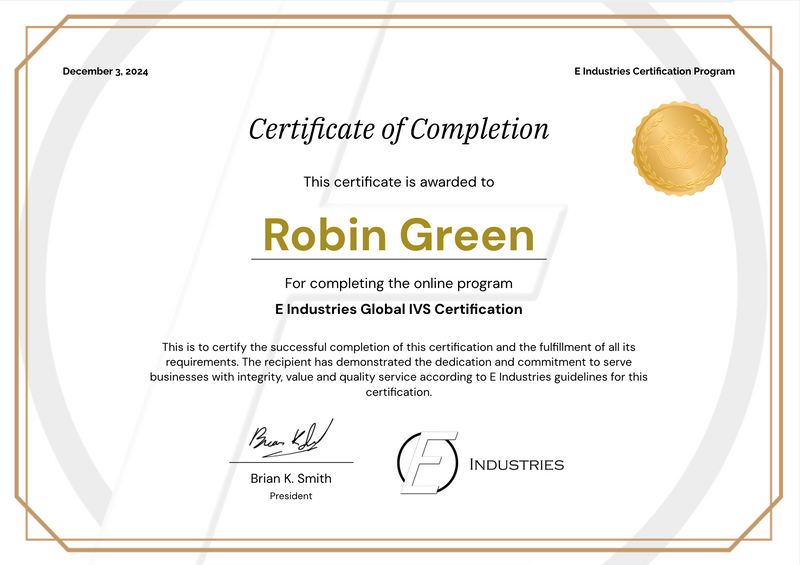E Industries Global Certificate