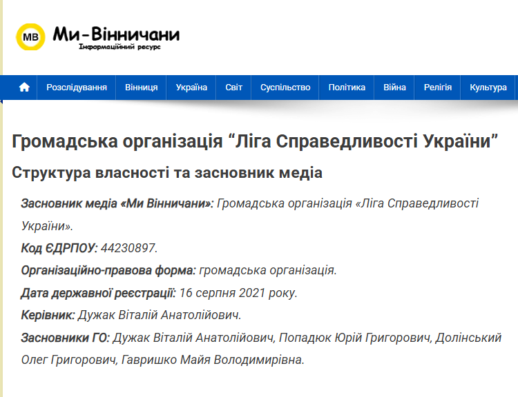 Інформація про засновників медіа “Ми-вінничани”. Скриншот: vinnychany.info