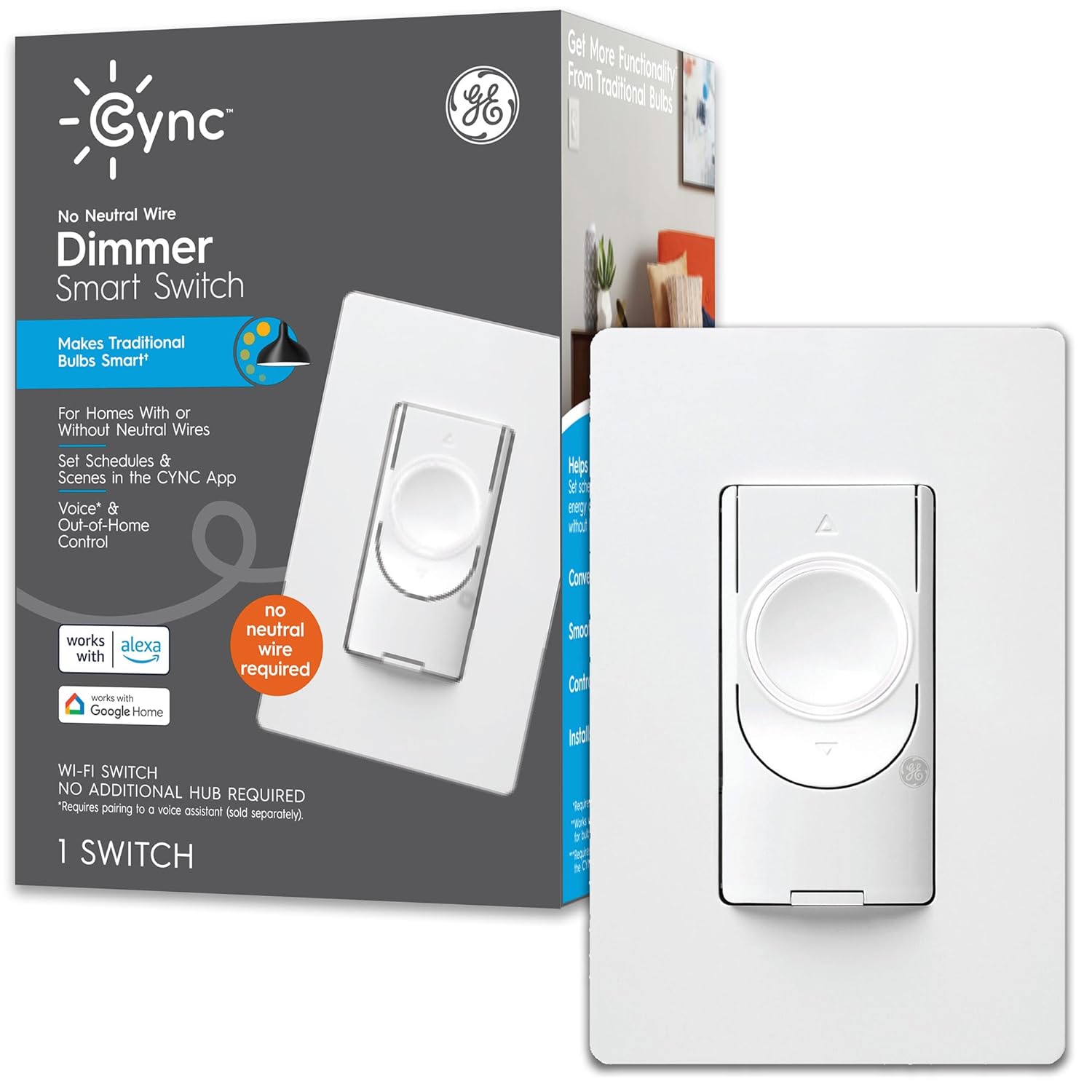 GE CYNC Smart Dimmer Light Switch (No Neutral Wire Required) - White