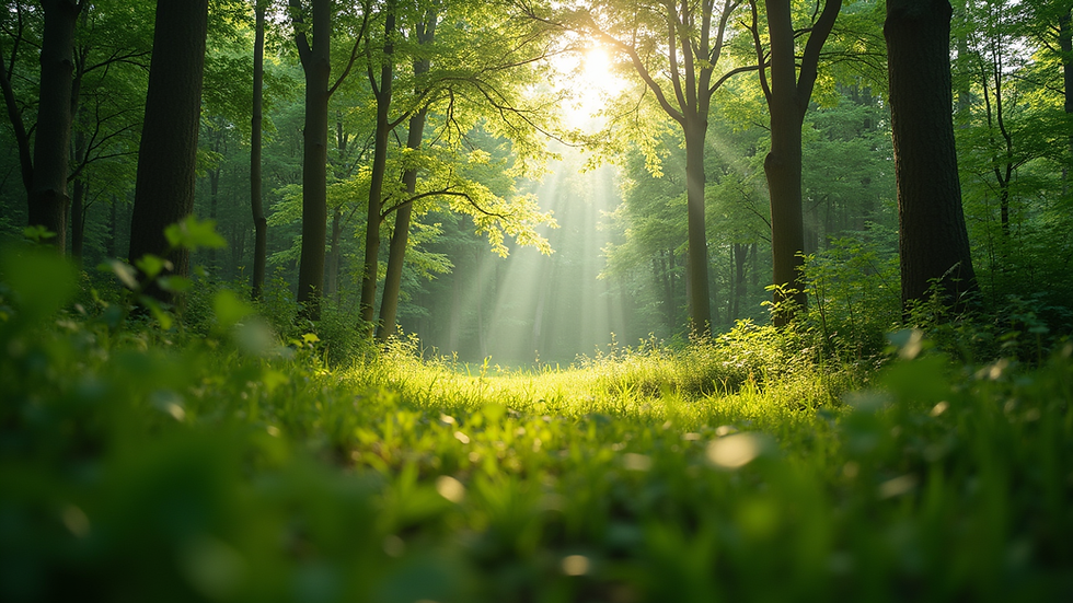 Eye-level view of a lush green forest with sunlight filtering through the trees