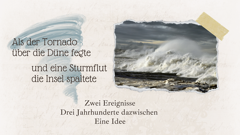 Stürmisches Meer, große Wellen. Tornado. Text: Als der Tornado über die Düne fegte und eine Sturmflut die Insel spaltete. Zwei Ereignisse, drei Jahrhunderte dazwischen, eine Idee.