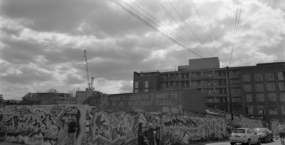 Black and white street photograph in Hackney Wick