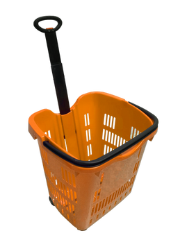 A orange plastic shopping cart with wheels and a black extendable handle, designed for transporting goods in a retail or grocery store environment.
