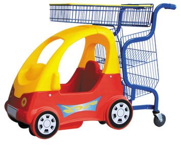 Colorful, plastic shopping cart in the shape of a red and yellow toy car, with a wire mesh basket, designed to engage and entertain children while shopping with their families.