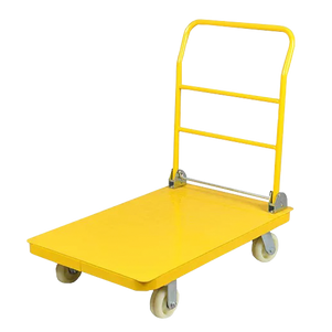 A bright yellow metal utility cart with a flat platform and two handles, designed for transporting and moving various items.