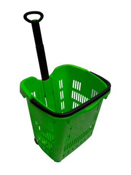 A green plastic shopping cart with wheels and a black extendable handle, designed for transporting goods in a retail or grocery store environment.