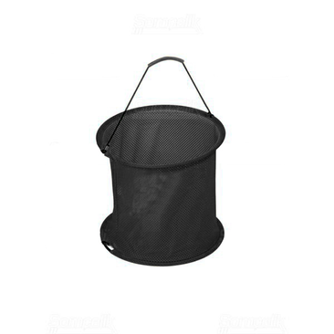 A black mesh storage basket with a round shape and a handle, designed for carrying and transporting items.