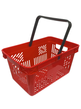 A red plastic shopping basket with a black handle, designed for carrying and transporting goods in a retail or grocery store setting.