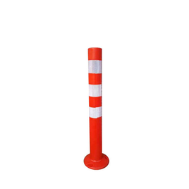 A sturdy red plastic bollard featuring horizontal white stripes, designed for permanent road management.