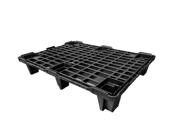 A compact, half-scale black plastic pallet with an open, lattice-style structure, suitable for use in tight spaces or applications requiring a more maneuverable and space-saving platform.