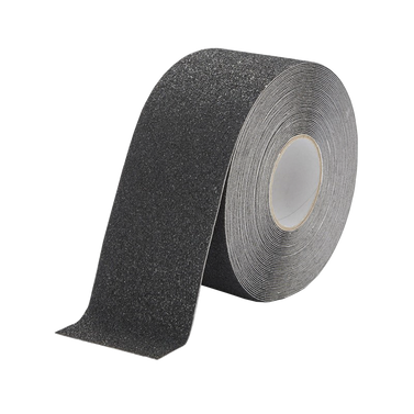 A roll of textured black safety tape featuring diagonal stripes, designed for enhanced grip and visibility.