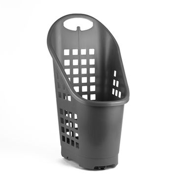 A grey plastic shopping cart or basket with a rectangular shape and cutouts on the sides, designed for carrying and transporting items in a retail or grocery store setting.