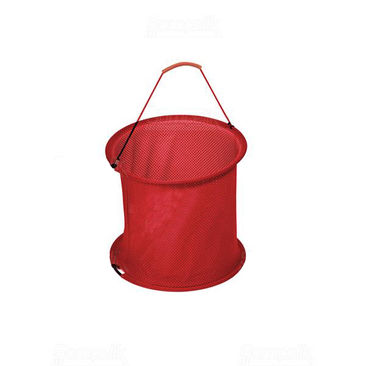 A red mesh storage basket with a round shape and a handle, designed for carrying and transporting items.