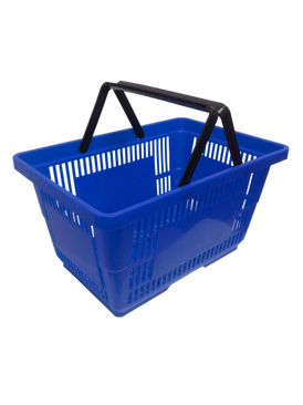 An blue plastic shopping basket with black handles, designed for carrying and transporting goods in a retail or grocery store setting.