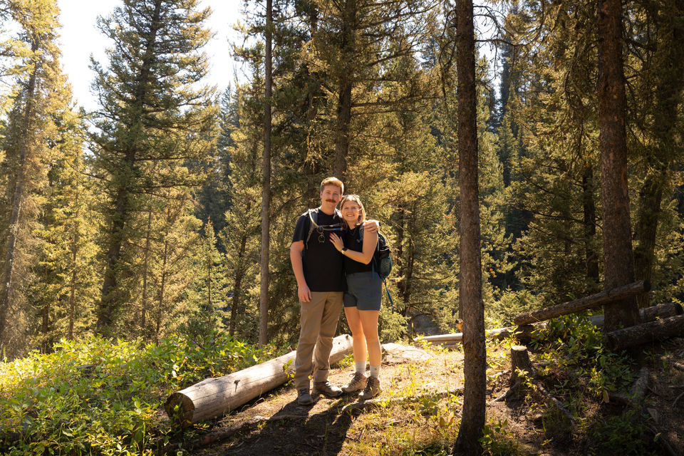 Just engaged couple at Ousel Falls in Big Sky Montana