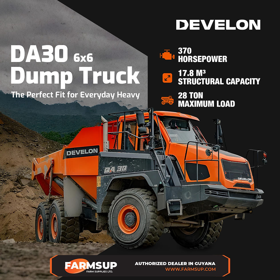 Orange Develon DA30 6x6 dump truck on dirt, mountainous background. Text highlights specs: 370 HP, 17.8m³ capacity, 28-ton load.