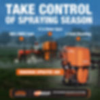 Orange sprayer on a tractor in a field. Text: Take Control of Spraying Season, Rakshak Sprayer 400, Farmsup. Background: trees and mist.
