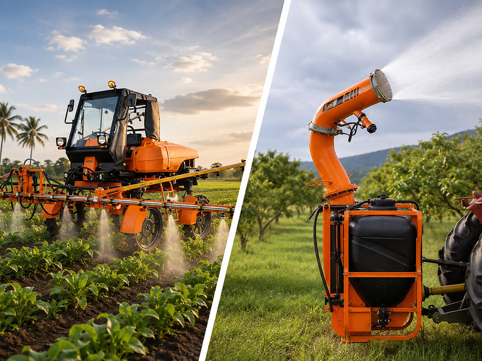Split image of an orange farm sprayer spraying crops in a green field, with a close-up nozzle blasting mist under a cloudy sky.