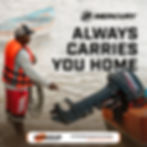A man in an orange life vest pulls a boat motor in water. Text: "Mercury Always Carries You Home." Farm Supplies logo at bottom.