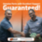 Two men shake hands, smiling, in front of an orange background with text: "Genuine Parts with Excellent Support Guaranteed!"