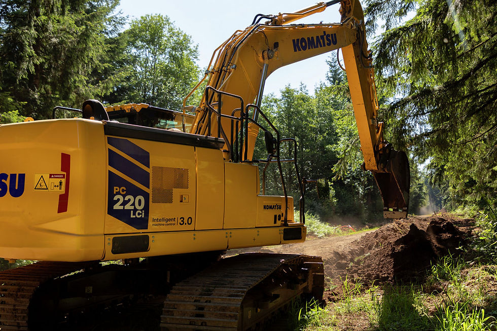 Yellow Komatsu excavator digging soil in a forest. Sunlit trees and an earthy path surround the scene. Visible text: "PC 220 LCi".