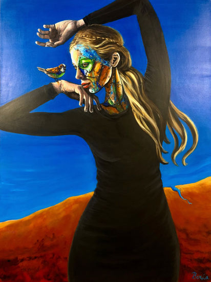 a girl with a bird on her hand in black dress front of a blue sky and orange earth color surreal portrait acrylic painting
