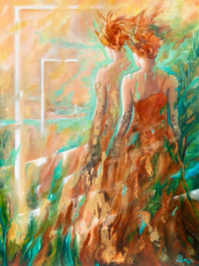 A red haired and red dress wearing woman walking in a green approaching towards to light and gates multiplying herself in mirror abstract effects.