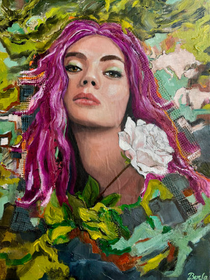 A beautiful pink-violet color haired girl with a white rose in between green foliage, abstract mixed media portrait art.