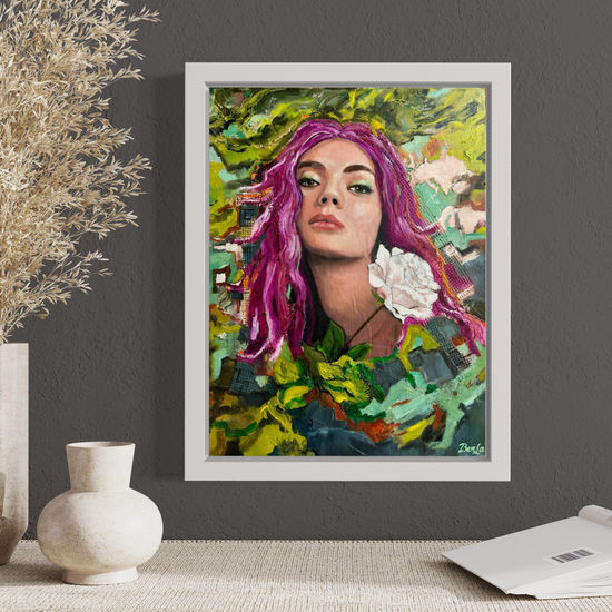 Pink haired girl in green foliage painting is on the wall