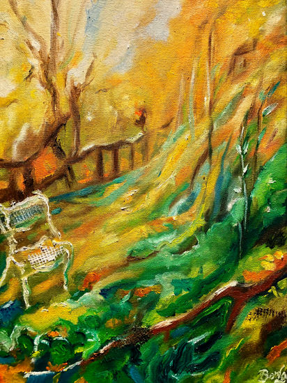 yellow red toned garden with wooden fence a white chair...