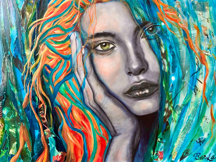 A girl with orange color hair in ocean theme collage mixed media art.