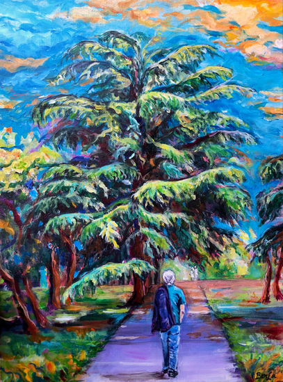 Mature oak tree and a man walking, imressionist painting